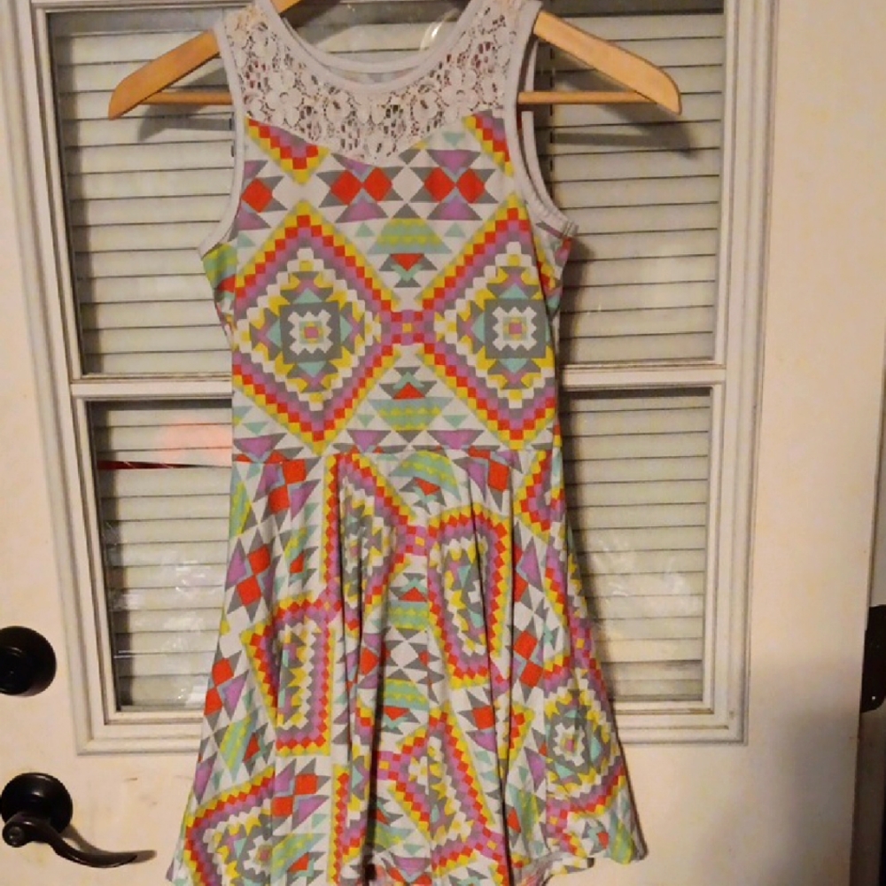 Wonder Nation Colorful Geometric Pattern Dress with Lace Detail